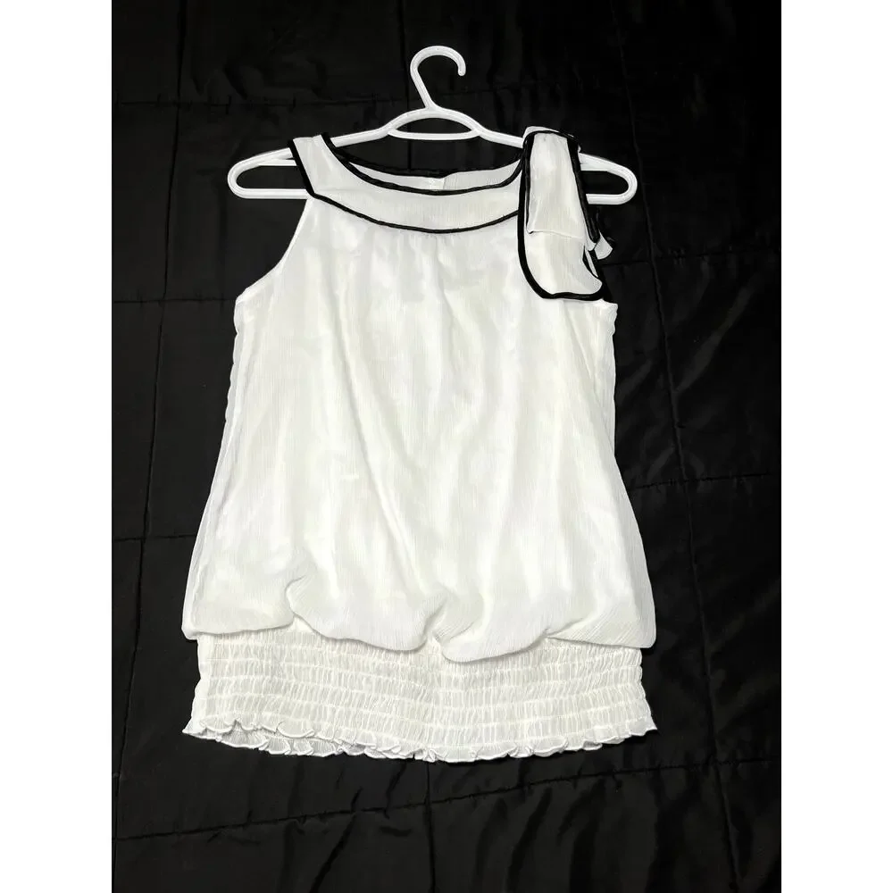 BCX white cinched bottom bow‎ tank top blouse womens medium preppy corpcore